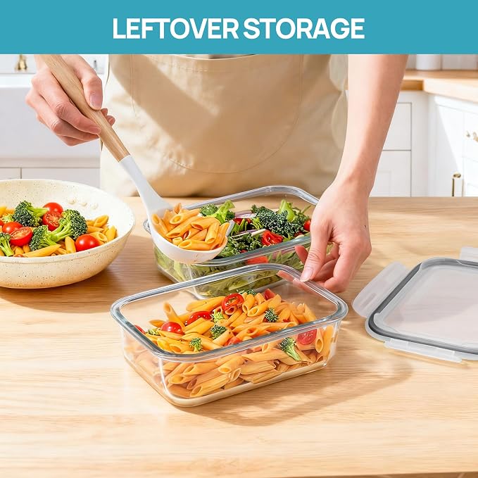 Vtopmart 2Pack 1500ml/50.7oz Large Glass Storage Containers With Lids, Grey | Meal Prep Food Container Set with Snap Airtight Lid, For Baking, Microwave, Oven, Leak Proof, Freezer, Dishwasher, BPA Free