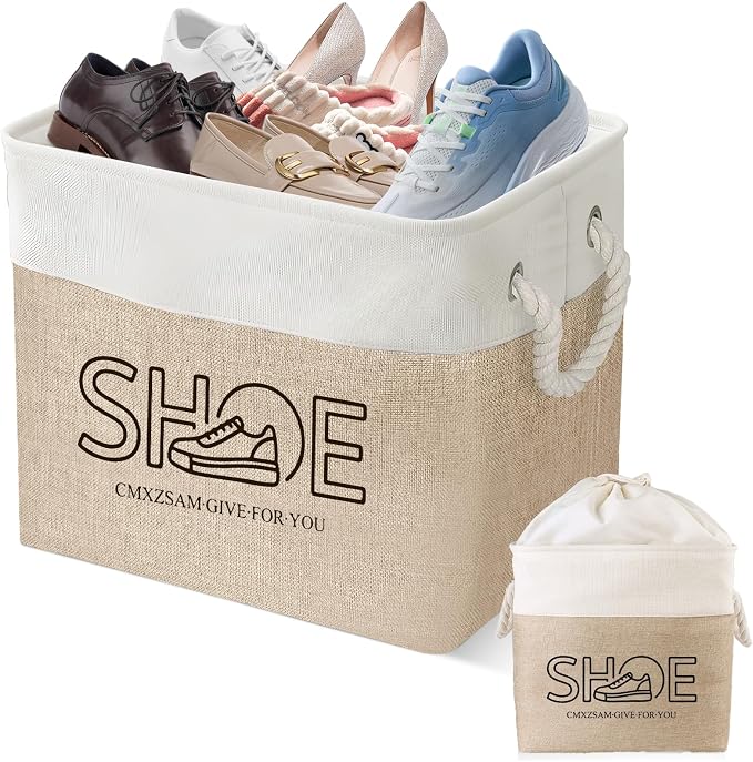 Shoe Basket Organizer, Large Capacity Fabric Entryway Shoe Storage Bin with Handle, Flodable Space-Saving Shoe Basket for Entryway, Hallway, Entryway and Mudroom