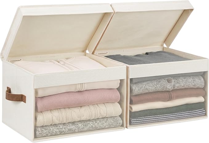 StorageWorks Fabric Storage Bins with Lids, Large Closet Storage Bins | Flip-Top Lid, Clear Window, Handles, Collapsible, for Clothes Blankets Books, Closet Box, Ivory White, 2-Pack