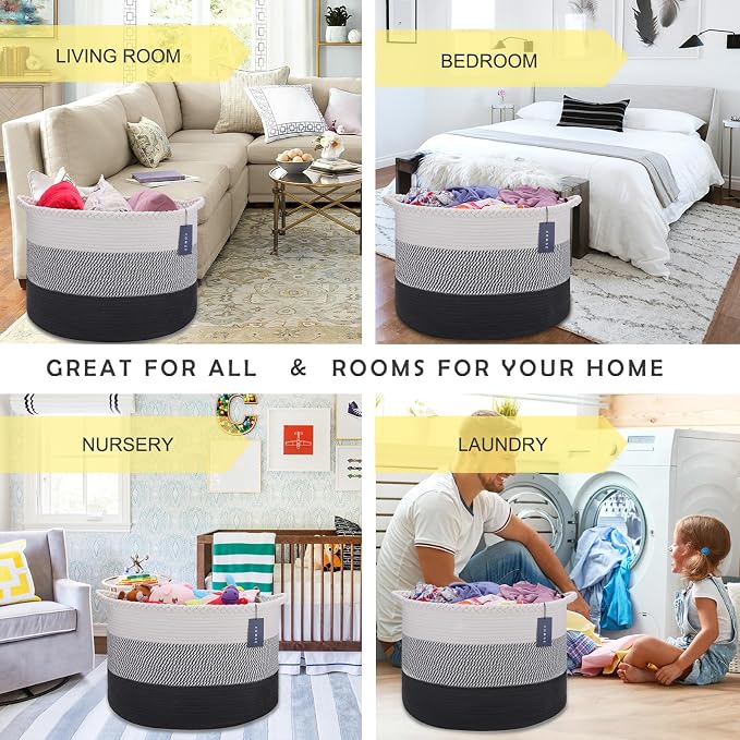 COMSE Extra Large Blanket Basket, Woven Laundry Basket, 21.7”x 13.8”, Nursery Hamper, Cotton Rope Laundry Hamper Living Room for Storage Toys Clothes Towels (White &Gray &Black)