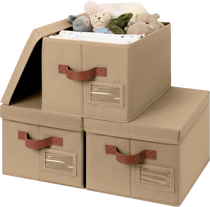 GRANNY SAYS Storage Basket with Lid, Linen Fabric Storage Bins with Label, Decorative Storage Boxes, Clothes Storage and Organization, Memory Keepsake Box, 3-Pack, Brown