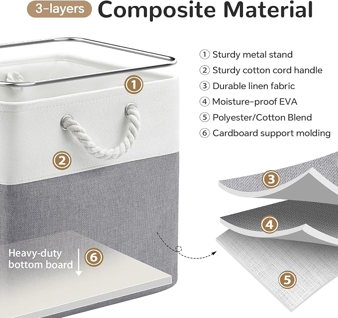 13 x 13 Inch Cube Storage Bins, 6 Pack Fabric Storage Basket with Handles, Foldable Boxes Organizer for Shelf Baskets for Home, Clothes (White/Grey)