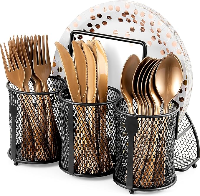 DTICON Utensil Organizer Silverware Caddy - Utensil Holder for Party Metal Cutlery Organizer Silverware Storage for Picnic Camping Buffet Kitchen Table (Black)
