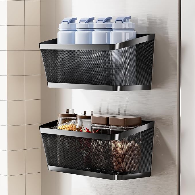 2Pcs Magnetic Spice Rack for Fridge Magnet Hanging Basket Holder for Seasonings Fruit Vegetables Coffee Beans Magnetic Organizer Shelf, Kitchen Refrigerator Organizers (Black - Extra Large)