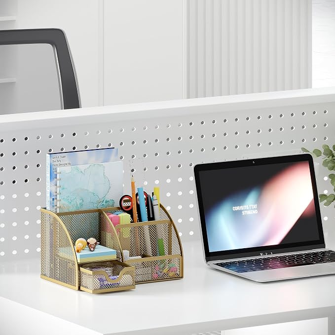 EasyPAG Mesh Desk Organizer with Drawer Multi-functional Pen Holder Stationery Organizer for Office School Supplies 6 Compartments Dorm Organizers and Storage for Desk, Gold