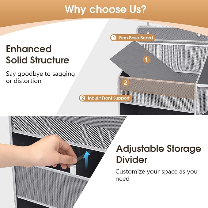 WISELIFE 5-Tier Over the Door Organizer for Hanging - 50LB Heavy-Duty Back of Door Organizer with 5 Spacious Pockets & 13 Mesh Pockets, Multipurpose Storage for Nursery, Bedroom, Closet(1 Pack, Gray)