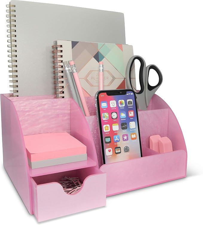 My Space Organizers Pink Desk Organizer Office, Acrylic, with Drawer, 9 Compartments, Supplies and Cool Desk Accessories Organizer, Desktop Pen Holder (Pink)