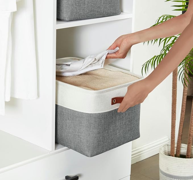 DECOMOMO Storage Bins, Large Fabric Storage Baskets for Shelves, Decorative Linen Closet Organizer, 15 x 11 x 9.5 inches (Slate Grey & White, 3 Pack)