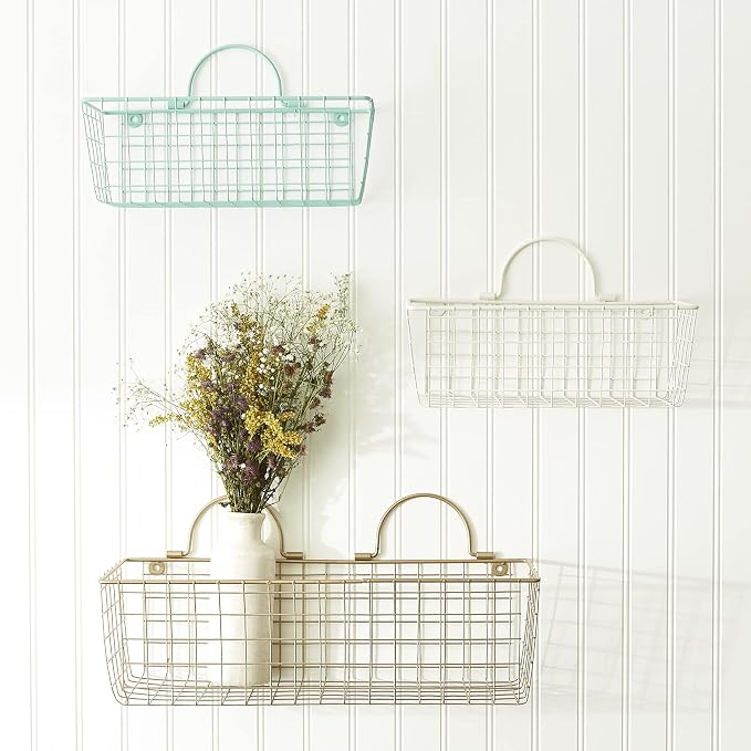 DII Farmhouse Vintage Decor, Wire Wall Basket, Assorted, Antique White, 2 Piece