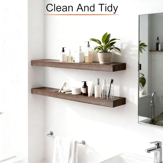 Floating Shelves for Wall,Wall Shelves for Decor Storage,Display Shelving 24 inch Set of 2,Wall Mounted Wood Shelf for Bedroom,Living Room,Bathroom,Kitchen,Brown (2pcs,Brown)