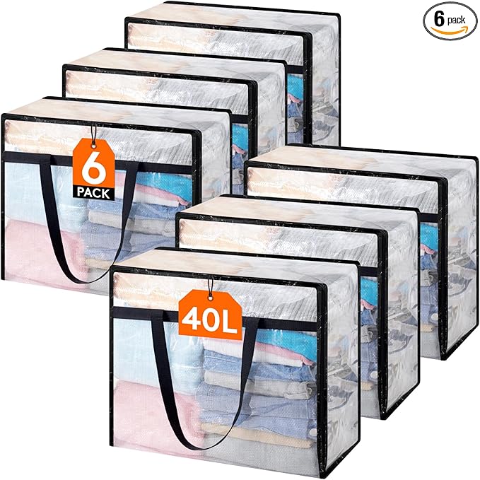 Lifewit 6 Pack Clear Blanket Storage Bags, Foldable Plastic Clothes Organizer with Zipper, Closet Organization Containers and Moving Bag for Comforter, Bedding, Duvet, 40L