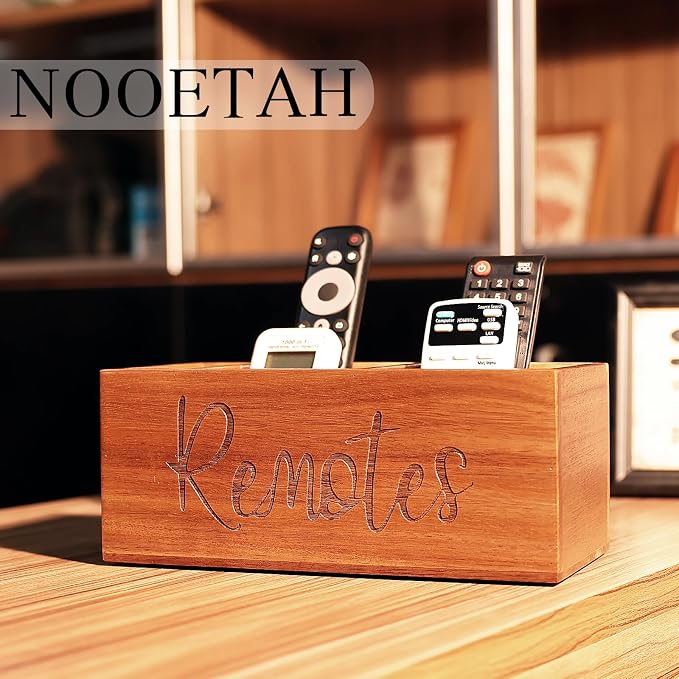 Remote Control Holder, Wooden TV Remote Holder for Table, Remote Organizer Caddy for Home Decor, Remote Box for Nightstand, Brown Labeled Remote, 3 Slot - 9.84 Inch