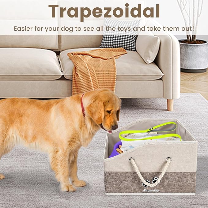 Large Dog Toy Basket with Handle, Foldable Dog Toy Box for Living Room Area , 20" Basket for Dog's Supplies, Organizer and Storage with Hard Board, Anti-Slip for Pet Toys (Brown, Medium 20"×15")