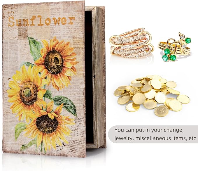 Decorative Sunflower Pattern Faux Leather Book Box - Vintage Style Storage & Decoration for Cafe, Bookshelf, Graduation Gift, Wedding Card Box (3-06 Inches)