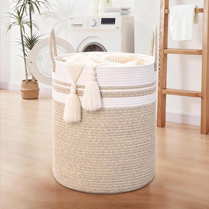 Laundry Hamper for Organizing, 52L Large Laundry Baskets, Cotton Rope Woven Blanket Basket, Collapsible Laundry Hamper for Living Room, Nursery, 15"×18", Jute