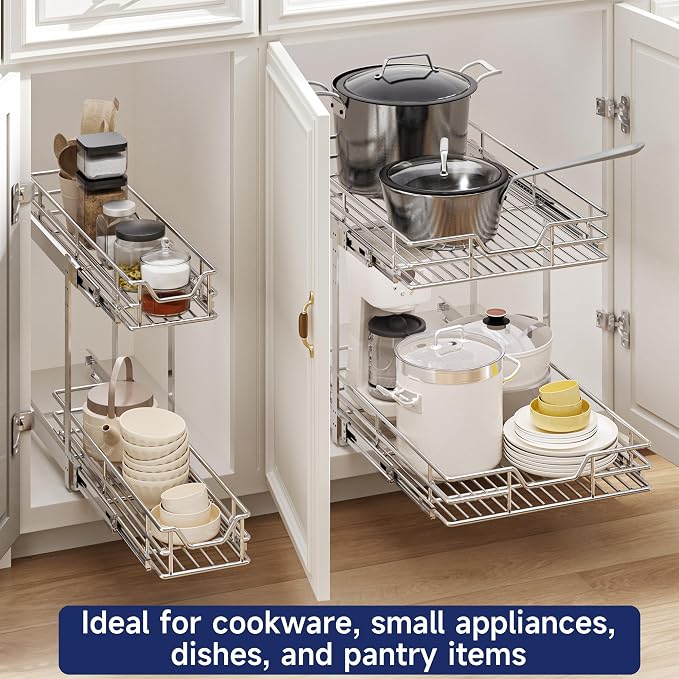 2-Tier Pull Out Cabinet Organizer, 7.5" W x 21.5" D, Heavy Duty Dual Slide Out Shelves for Narrow Base Cabinets, Chrome Wire Basket Drawer for Spices, Bottles & Snacks