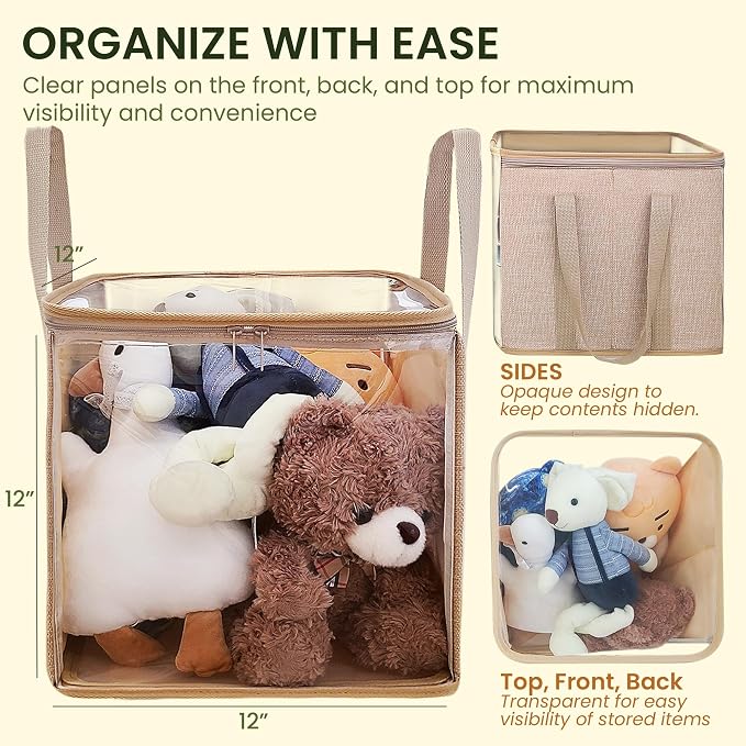 holay 2 Pack Foldable PVC Storage Bins with Transparent Lid & Handles, Large 12-Inch Cube Organizer Boxes for Clothes, Toys & Books (Brown, Large)