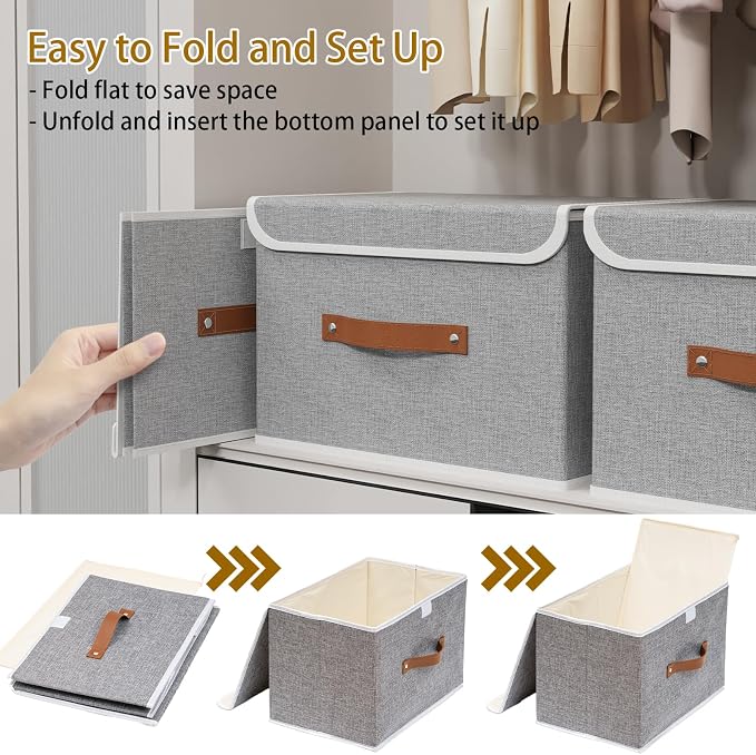 Yawinhe Storage Bins with Lids, Closet Baskets, Washable and Leather Handle, Collapsible Boxes for Home, Grey, 17.7''Lx11.8''Wx11.8''H, 5-Pack, USNK024GX-5
