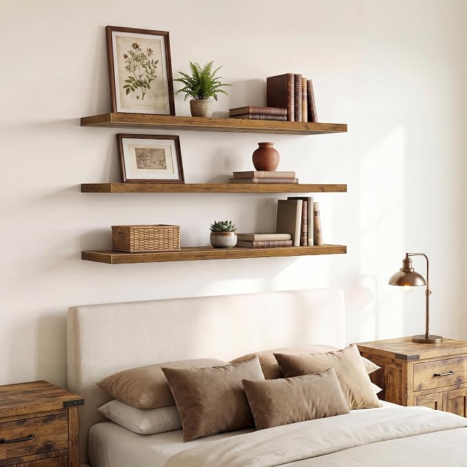 QEEIG 12" Deep Floating Shelves for Wall - 12 x 48 inch Book Shelf Bathroom Bedroom Kitchen Living Room Hanging Bookshelf Farmhouse Set of 3, Brown (026-120BN3)