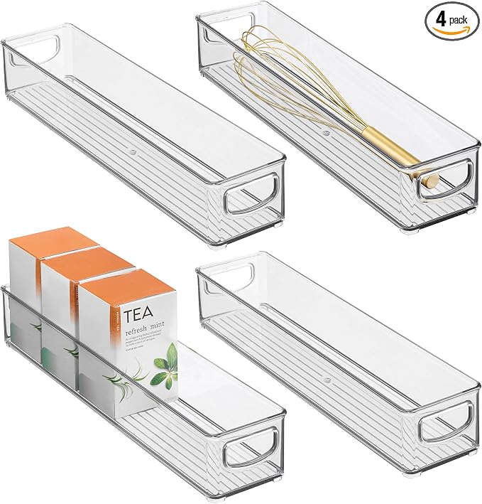 iDesign Slim Clear Plastic Storage Bin, Extra Long Narrow, 4-Pack | Stackable, For Kitchen and Pantry