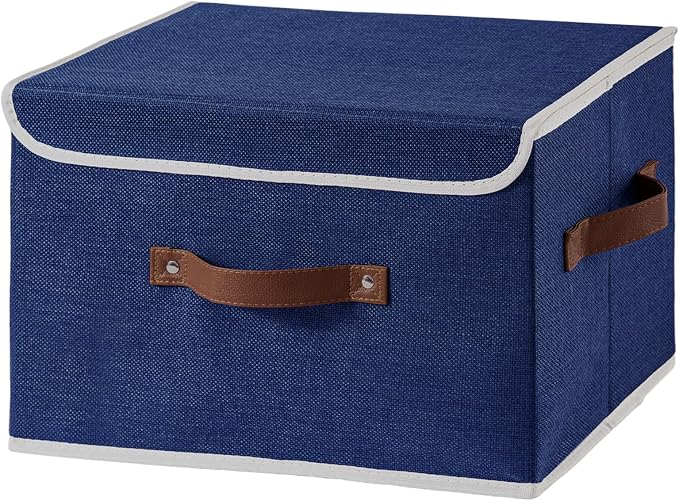Collapsible Storage Boxes Baskets with Lid Cotton Linen Fabric Storage Bins with Faux Leather Handles Decorative Washable Cube Organizer Container for Home Closet Bedroom (Blue, Large Size)