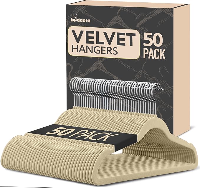 Beddora Velvet Hangers 50-Pack,Beige Non-Slip Slim Space-Saving Closet Organizer, Suit & Coat Hangers, Heavy-Duty, 360° Swivel Hook