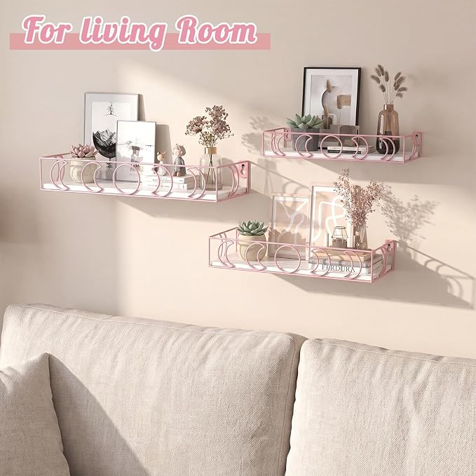 PHAREGE Moon Phase Floating Shelves White Pink, Set of 3 | Small Decorative Wall Shelves for Book Plant Storage, Crystal Figurine Collectibles Display Shelf for Bedroom Kid Room