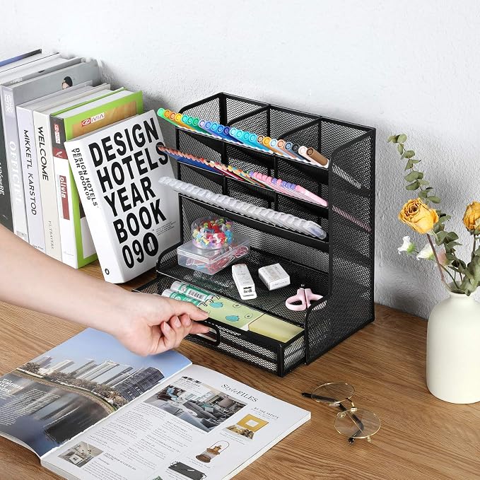 VICNOVA Mesh Desk Organizer, Pen Holder Art Supply Storage Organizer with Drawer Pen Organizer for Desk Desktop Marker Pencil Storage for Office School Home Art Supplies