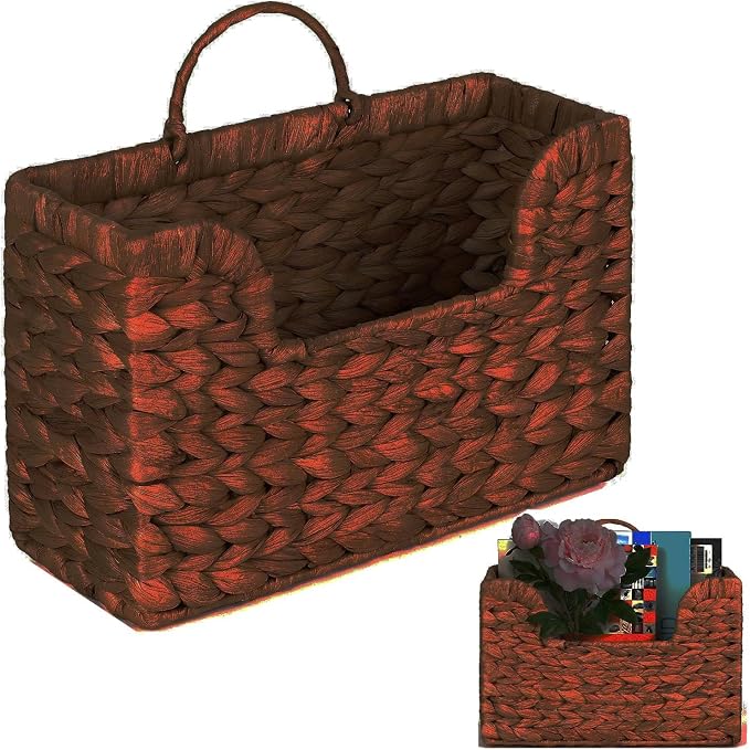 Handwoven Water Hyacinth Wall Magazine Holder - Natural Hanging Organizer for Mail, Newspapers & Magazines, Books & Files - Decorative Storage Basket for Bathroom, Living Room, Office.(Espresso Color)