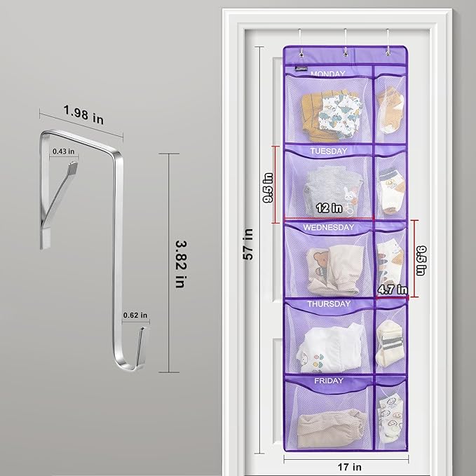 Weekly Clothes Organizer for Kids, Monday to Friday Hanging Closet Organizer, 5-Shelf Large Capacity School Storage with Side Pockets, Purple (Quantity 1)