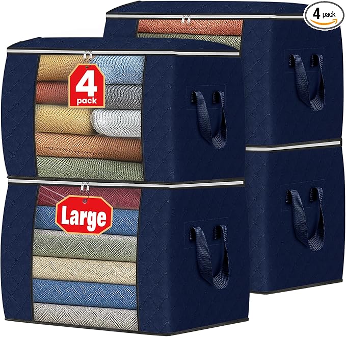 Fab totes 24 Gallons Clothes Storage, Foldable Thick Fabric Blanket Storage Bags, Containers for Organizing Bedroom, Closet, Clothing, Comforter, Organization with Handle (4 Pack,Blue)