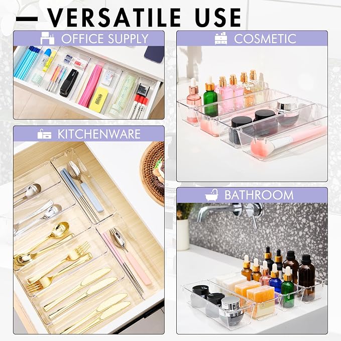 HOUSE DAY Desk Drawer Organizer Bins 8 PCS, 9*3*2" Clear Drawer Organizers with Silicone Pads, Vanity Organizers and Storage, Non Slip Plastic Drawer Organizer for Makeup, Bathroom, Kitchen, Office