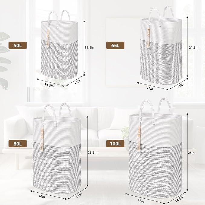 Woven Laundry Basket for Clothes, 80L Large Rectangle Laundry Hampers with Beads Tassel, Nursery Storage Basket for Toys, Tall Dirty Clothes Hamper for Bedroom Aesthetic, Laundry Room Organization