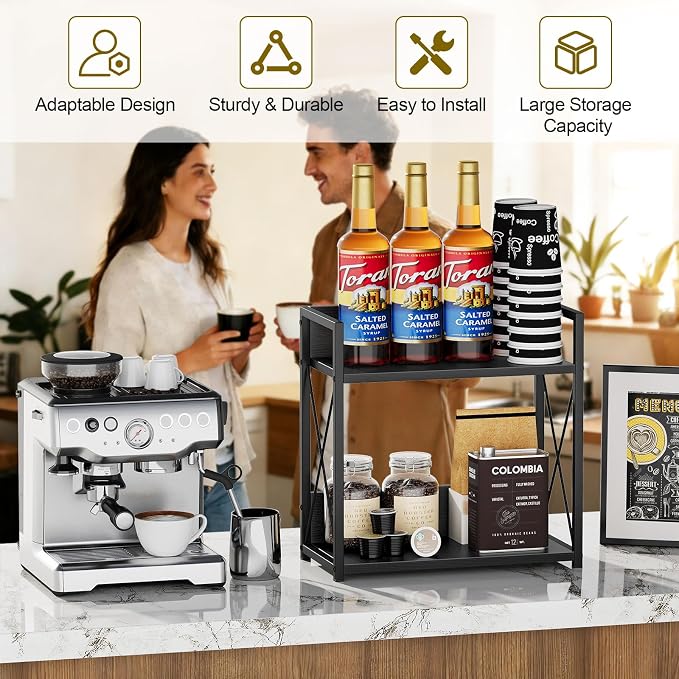 Giikin Kitchen Countertop Organizer, 2 Tier Coffee Bar Organizer, Black Spice Rack for Counter, Kitchen Counter Shelves, Particleboard, Large Size (15.8" L x 7.9" W x 15.8" H), Black