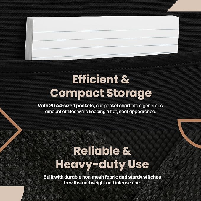 Hippo Creation Heavy Duty Storage Pocket Chart for Classroom, 20 Pocket Storage Organizer with 4 Over-Door Hangers, Hanging Wall Organizer for File Folders, School Mailbox, Home Office Papers - Black
