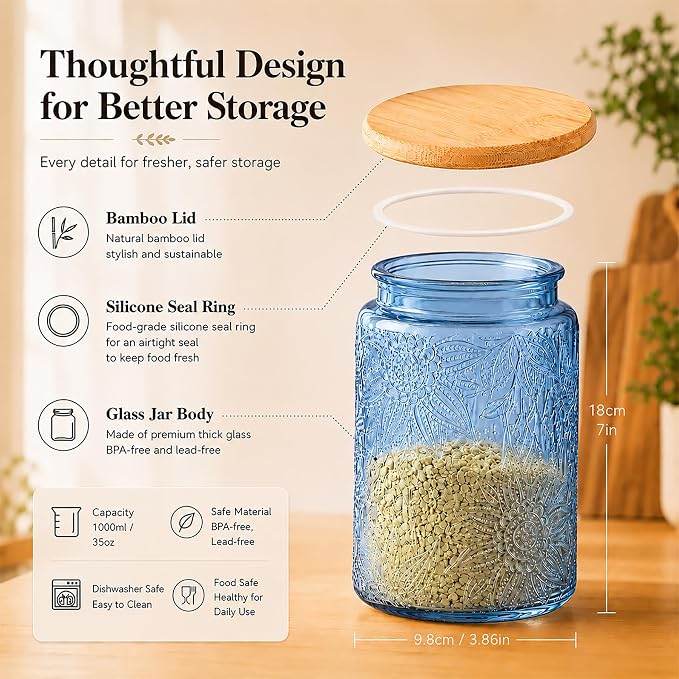 Custde Glass Storage Jars With Airtight Lid, 35oz Canister For Kitchen Counter with Bamboo Lid, brown sugar, candy, coffee, cookie, salt, tea,pantry cute Jar (Blue, 35 fl oz)