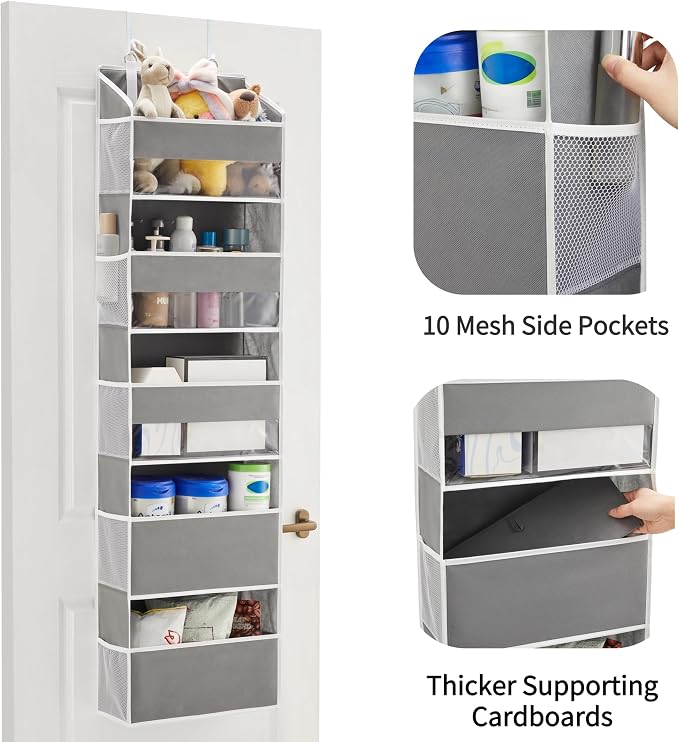 5 Tiers Over The Door Organizer Hanging - EXTRA THICK & 50lbs HUGE CAPACITY, 10 Side Mesh Pockets Over The Door Shoe Organizer, for Closet, Diaper Organizer, Bedroom, Bathroom,Nursery (Grey, 1pc)