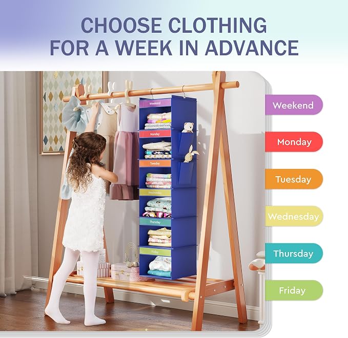 YOUDENOVA 6-Shelf Weekly Hanging Closet Organizer, Weekly Clothes Organizers for Kids with 2 Side Pockets, Blue