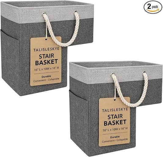 Stair basket,Foldable staircase baskets,Step stairs storage baskets with handle,2pcs dark gray