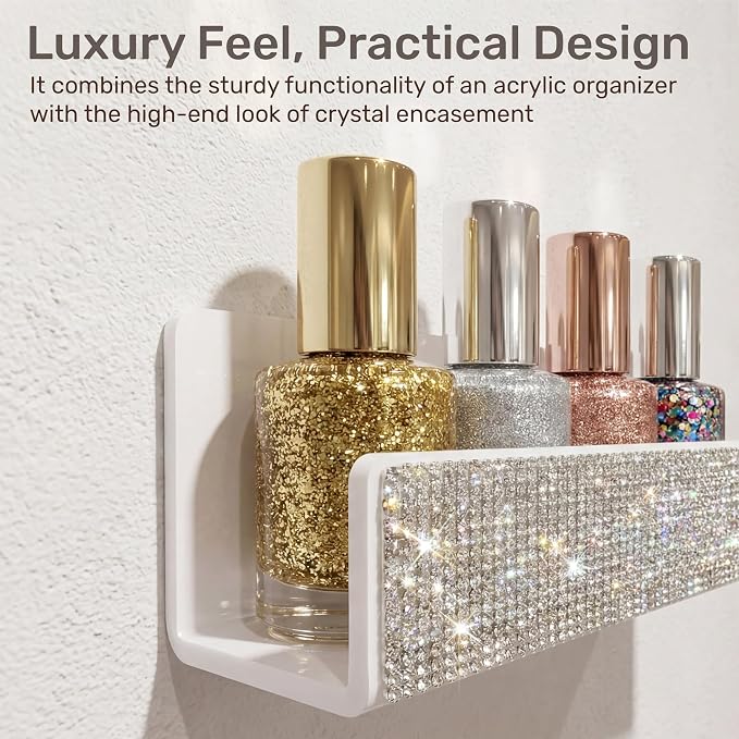 YMVV Nail Polish Wall Shelf - 15-Inch Diamond Crystal Display & Organizer Rack, Holds 60+ Polishes, Soft Ledge for Bedroom, Bathroom, Salon,6 Pack