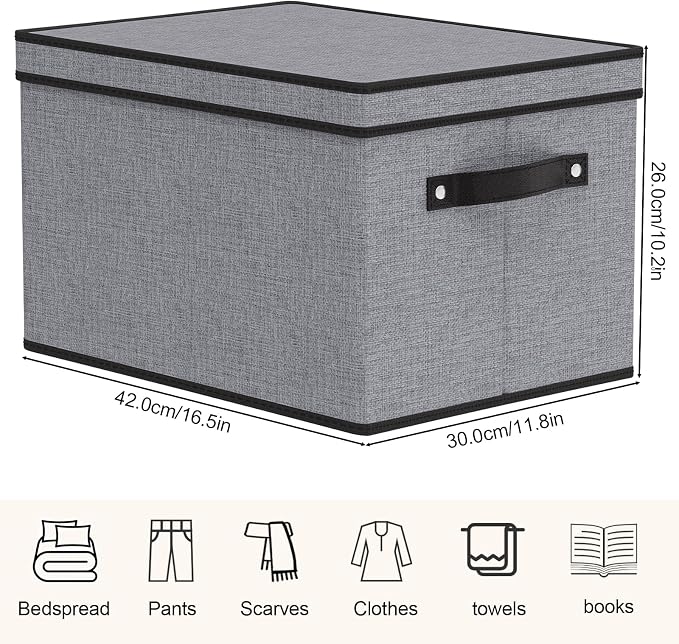 Storage Bin with Lid, Storage Box for Shoes Towels Books, Fabric Closet Organizer with Handles, Gray, 16.5 x 11.8 x 10.2 Inch, 1-Pack