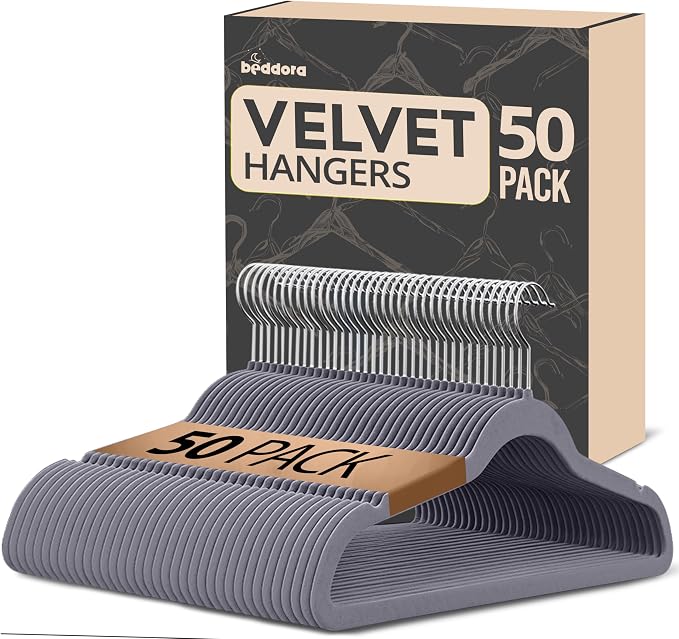 Beddora Velvet Hangers 50-Pack,Grey Non-Slip Slim Space-Saving Closet Organizer, Suit & Coat Hangers, Heavy-Duty, 360° Swivel Hook