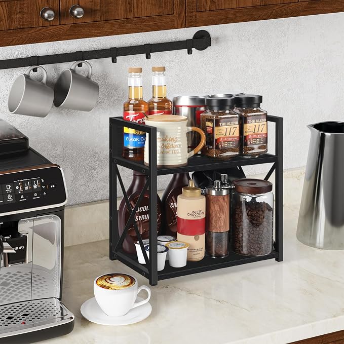 YINMIT Countertop Shelf Organizer,Coffee Bar Accessories,Spice Rack,Coffee Counter Shelf,2 Tier Coffee Organizer Station for Mugs,Cups,Cream,Syrup(Black, Medium)