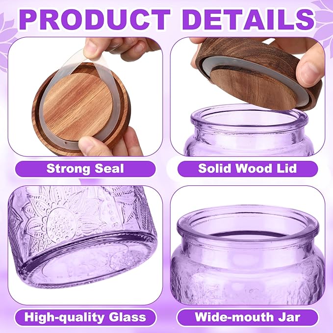 LemonRoad 4 Pcs Vintage Purple Glass Storage Jars 23.7 oz Mason Jar Canister with Wood Lids Food Storage Container for Cookie, Pantry, Candy Kitchen, Coffee, Tea, Flour, Sugar, Decorative Home Decor