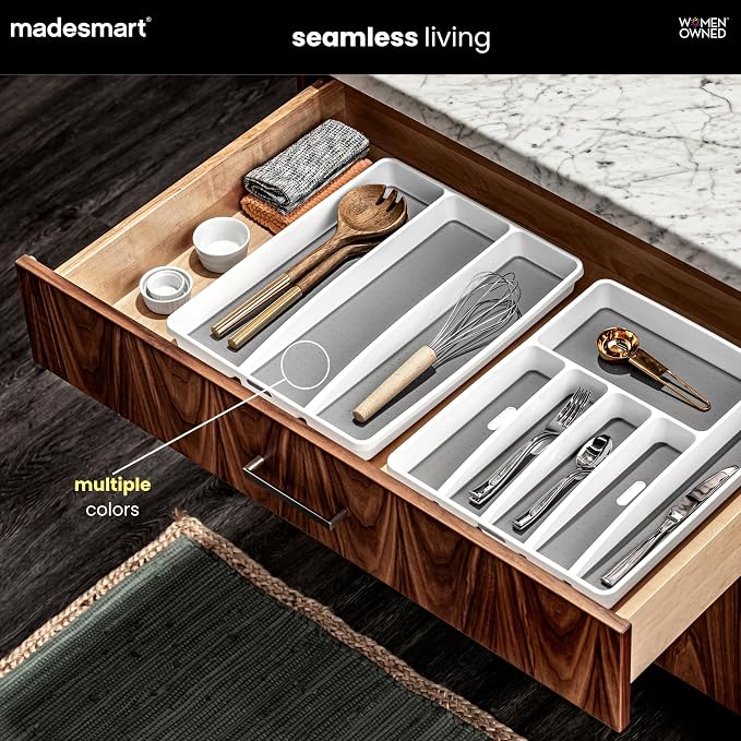 madesmart Classic 3-Compartment Plastic Utensil Tray for Drawers, Multipurpose Storage Tray Drawer Organizer, Carbon Large