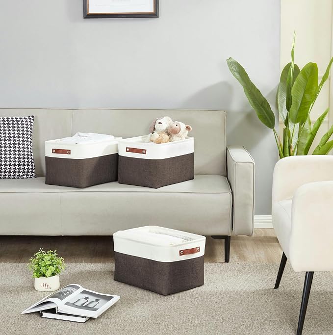 DECOMOMO Storage Bins, Large Fabric Storage Baskets for Shelves, Decorative Linen Closet Organizer, 15 x 11 x 9.5 inches (Brown & White, 4 Pack)