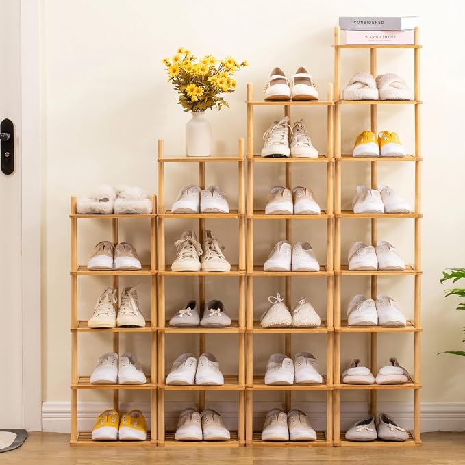 8-Tier Vertical Shoe Rack - Tall Narrow Shoe Rack Organizer for Small Spaces,Bamboo Shoen Shelf for Entryway,Closet,Corner,Doorway,Skinny Shoe Shelf Space Saving Shoe Storage (Natural, 8-Tier)