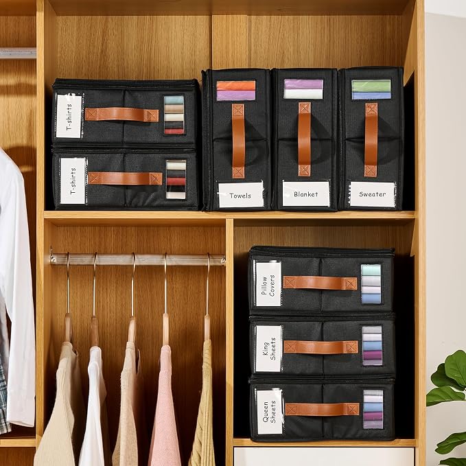 4pack Bed Sheet Organizer, Foldable Linen Closet Organizers and Storage with Sealed Design, Queen & King Size Sheet Storage with Window, Closet Organizer for Bedsheets/Blankets/Clothes, Black