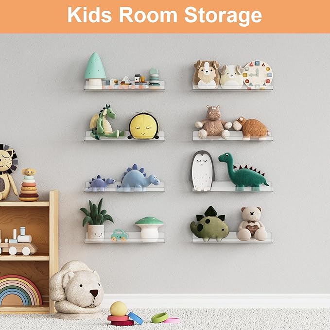 upsimples 12 Pcs 15" Acrylic Shelves for Wall Display and Storage, Clear | Transparent Design Highlights Skincare, Perfume, Easy-to-Find Versatile Floating Shelves for Bathroom, Bedroom and Playroom