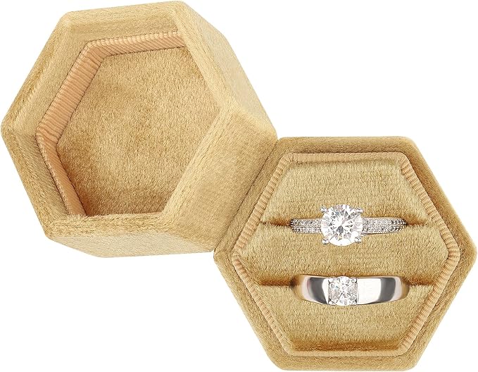 DesignSter Hexagon Velvet Ring Box - Premium Gorgeous Vintage Double Ring Display Holder with Detachable Lid for Proposal, Engagement, Wedding, Ceremony(Sunset)